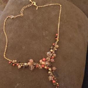 Avon Gold Necklace with Coral and Clear Accents